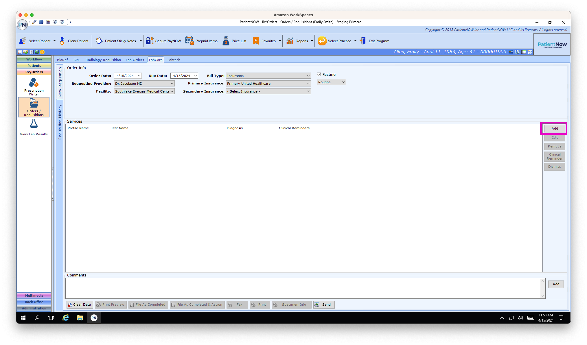 PatientNow Pro: Labcorp Integration - How to Send a Labcorp Order